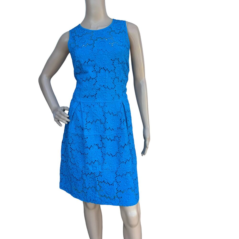 Nanette Lepore Blue Floral Lace Eyelet Pleated Sheath Dress Made in NYC 12